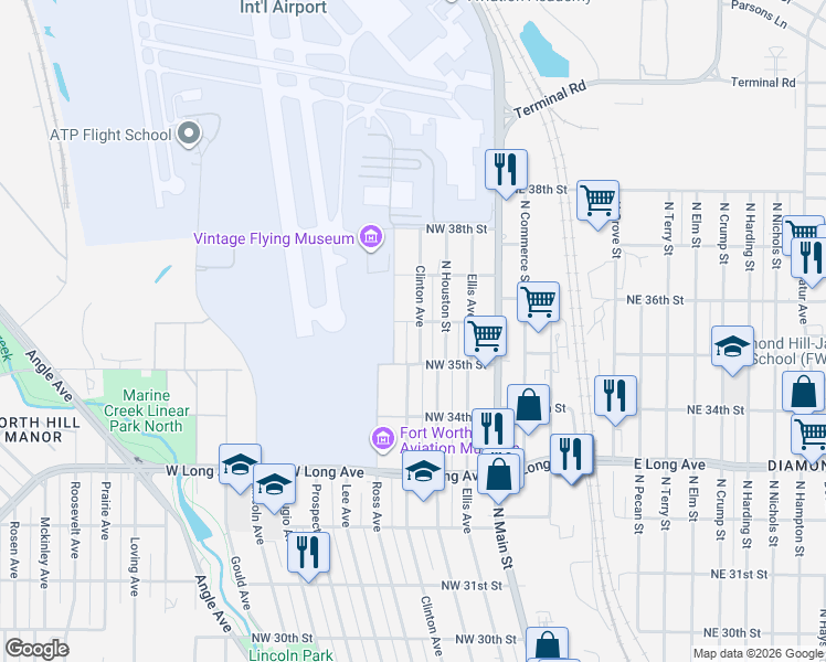 map of restaurants, bars, coffee shops, grocery stores, and more near 3520 Clinton Avenue in Fort Worth
