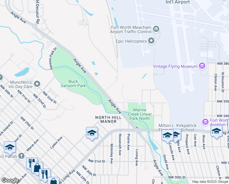 map of restaurants, bars, coffee shops, grocery stores, and more near 1616 Northwest 35th Street in Fort Worth