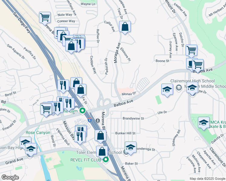 map of restaurants, bars, coffee shops, grocery stores, and more near 3767 Southview Drive in San Diego