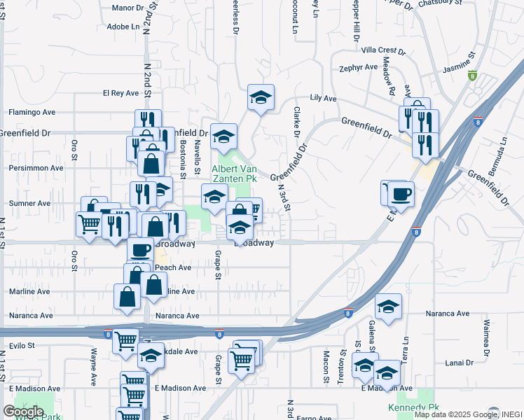 map of restaurants, bars, coffee shops, grocery stores, and more near 1000 Teatro Circle in El Cajon