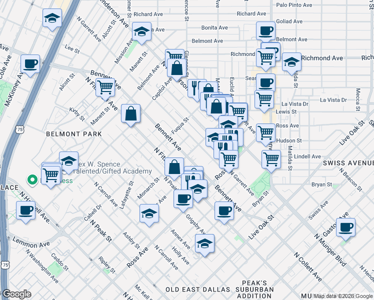 map of restaurants, bars, coffee shops, grocery stores, and more near 1902 Bennett Avenue in Dallas