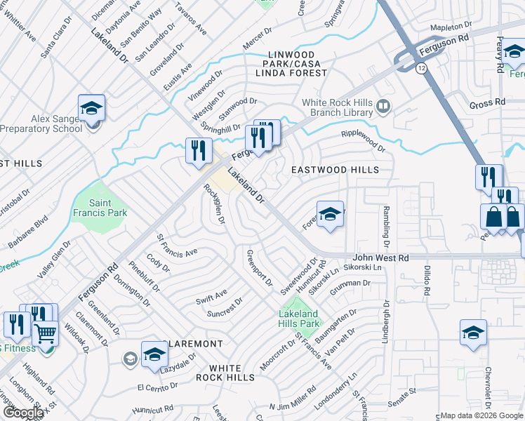 map of restaurants, bars, coffee shops, grocery stores, and more near 8539 Bretshire Drive in Dallas