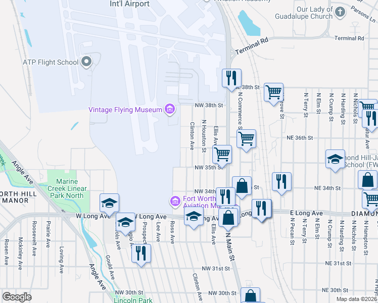 map of restaurants, bars, coffee shops, grocery stores, and more near 3520 Clinton Avenue in Fort Worth