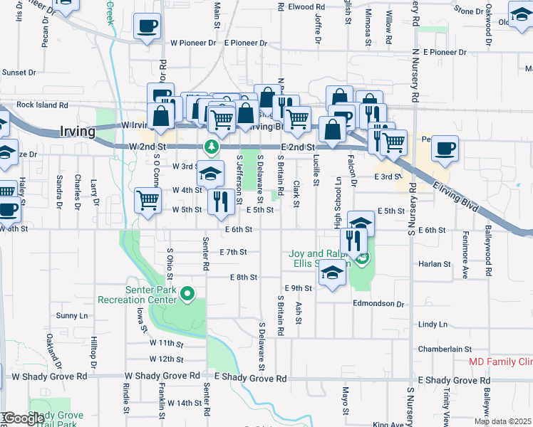 map of restaurants, bars, coffee shops, grocery stores, and more near 309 East 5th Street in Irving