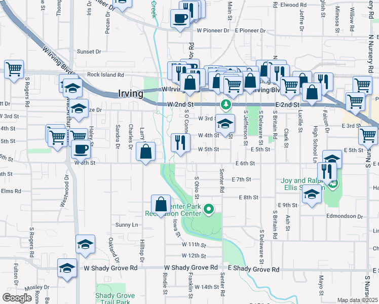 map of restaurants, bars, coffee shops, grocery stores, and more near 512 South O Connor Road in Irving