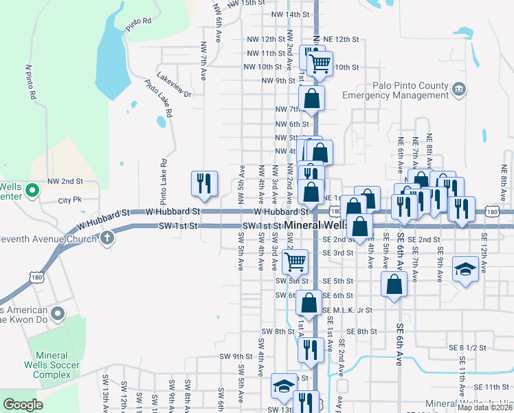 map of restaurants, bars, coffee shops, grocery stores, and more near 502 West Hubbard Street in Mineral Wells