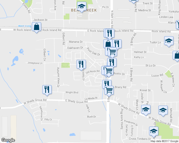 map of restaurants, bars, coffee shops, grocery stores, and more near 3600 Old North Road in Irving