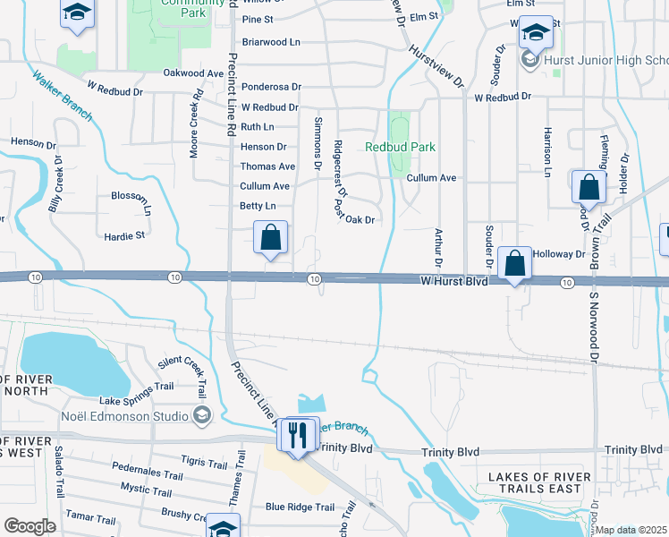 map of restaurants, bars, coffee shops, grocery stores, and more near 620 W Hurst Blvd in Hurst