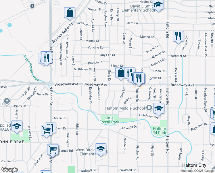 map of restaurants, bars, coffee shops, grocery stores, and more near 3277 Earle Drive in Haltom City