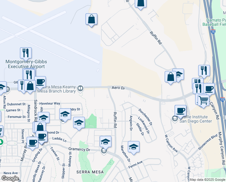 map of restaurants, bars, coffee shops, grocery stores, and more near 9225 Aero Drive in San Diego