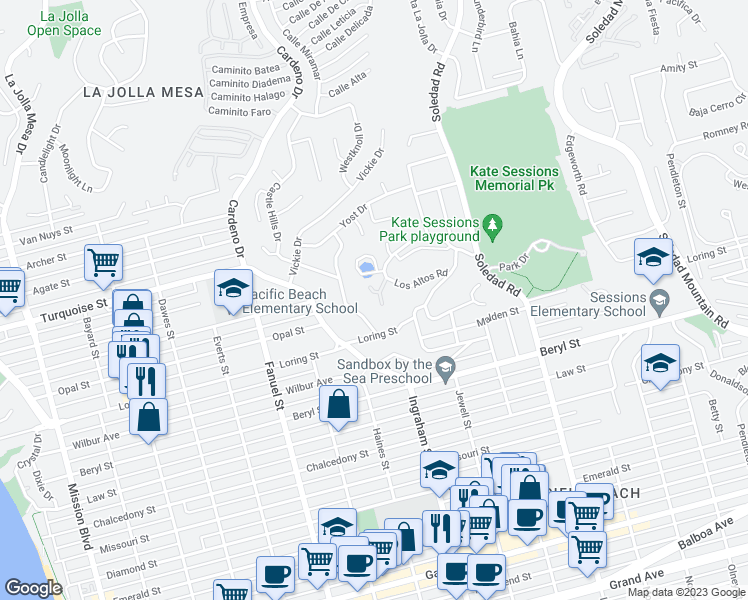 map of restaurants, bars, coffee shops, grocery stores, and more near 1679 1/2 Los Altos Road in San Diego