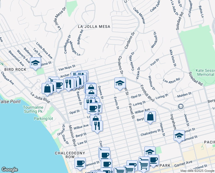 map of restaurants, bars, coffee shops, grocery stores, and more near 1154 Sapphire Street in San Diego