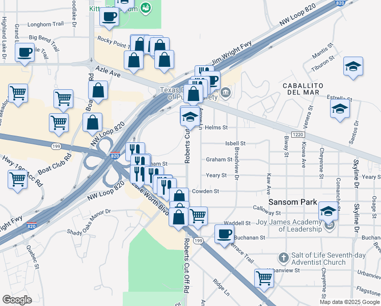 map of restaurants, bars, coffee shops, grocery stores, and more near 3412 Roberts Cut Off Road in Fort Worth