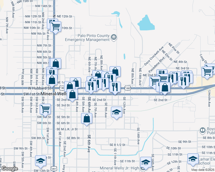 map of restaurants, bars, coffee shops, grocery stores, and more near 1001 East Hubbard Street in Mineral Wells