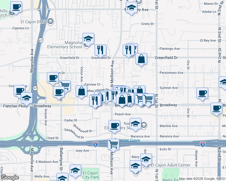 map of restaurants, bars, coffee shops, grocery stores, and more near 1033 North Mollison Avenue in El Cajon