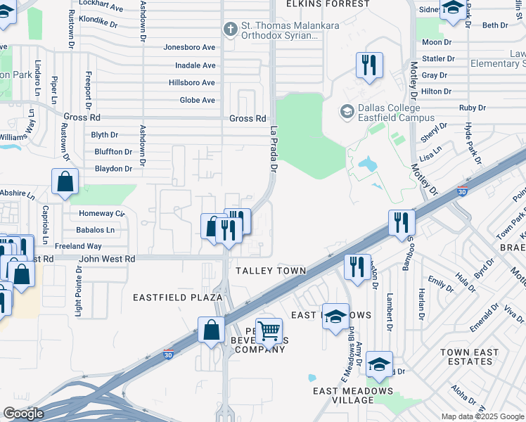 map of restaurants, bars, coffee shops, grocery stores, and more near 8451 Deansgate Lane in Dallas
