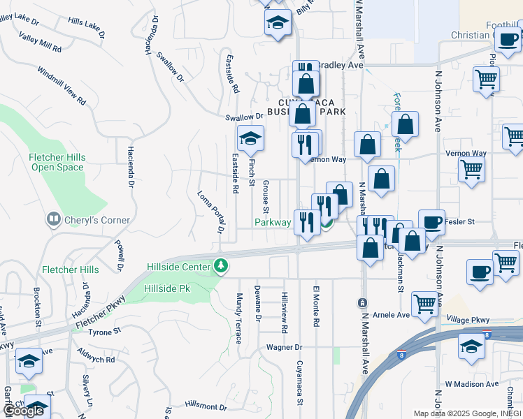 map of restaurants, bars, coffee shops, grocery stores, and more near 1076 Grouse Street in El Cajon