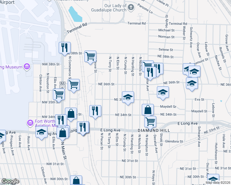 map of restaurants, bars, coffee shops, grocery stores, and more near 3611 North Elm Street in Fort Worth