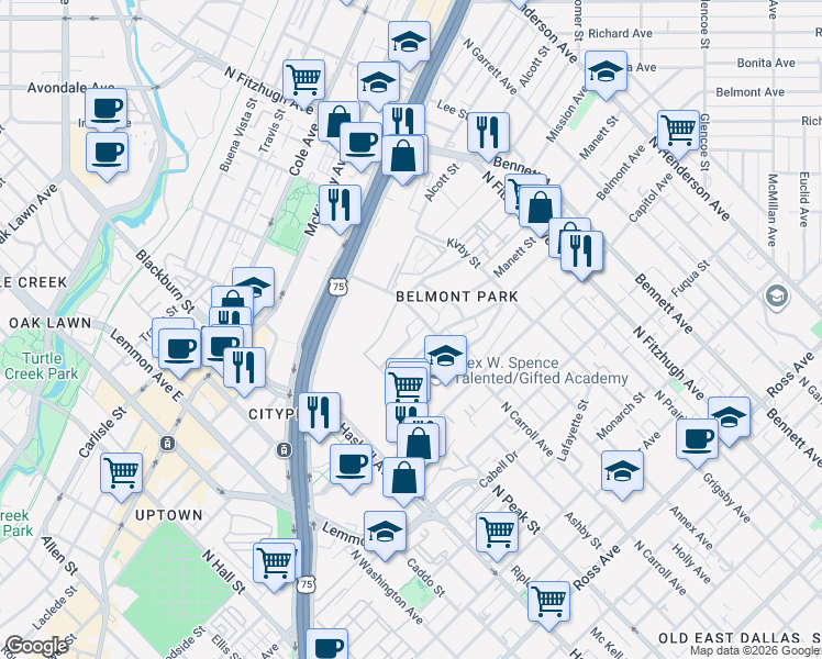 map of restaurants, bars, coffee shops, grocery stores, and more near 4412 Atoka Street in Dallas