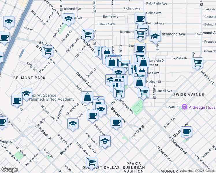 map of restaurants, bars, coffee shops, grocery stores, and more near 1820 North Garrett Avenue in Dallas