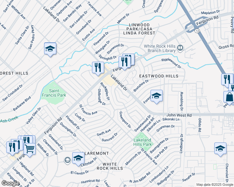 map of restaurants, bars, coffee shops, grocery stores, and more near 2342 Fenestra Drive in Dallas