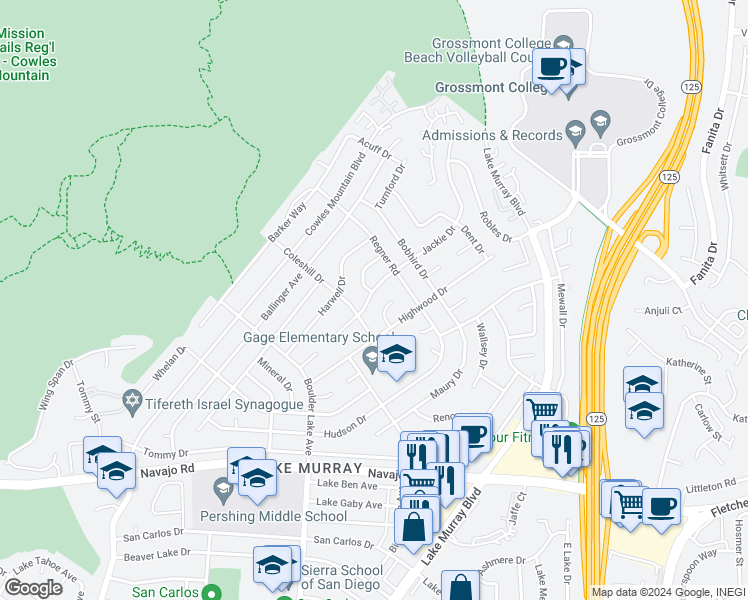 map of restaurants, bars, coffee shops, grocery stores, and more near 8521 Jackie Drive in San Diego