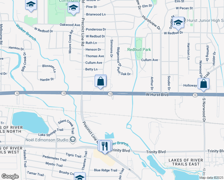 map of restaurants, bars, coffee shops, grocery stores, and more near 620 West Hurst Boulevard in Hurst