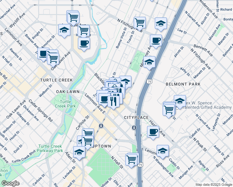 map of restaurants, bars, coffee shops, grocery stores, and more near 3839 McKinney Avenue in Dallas