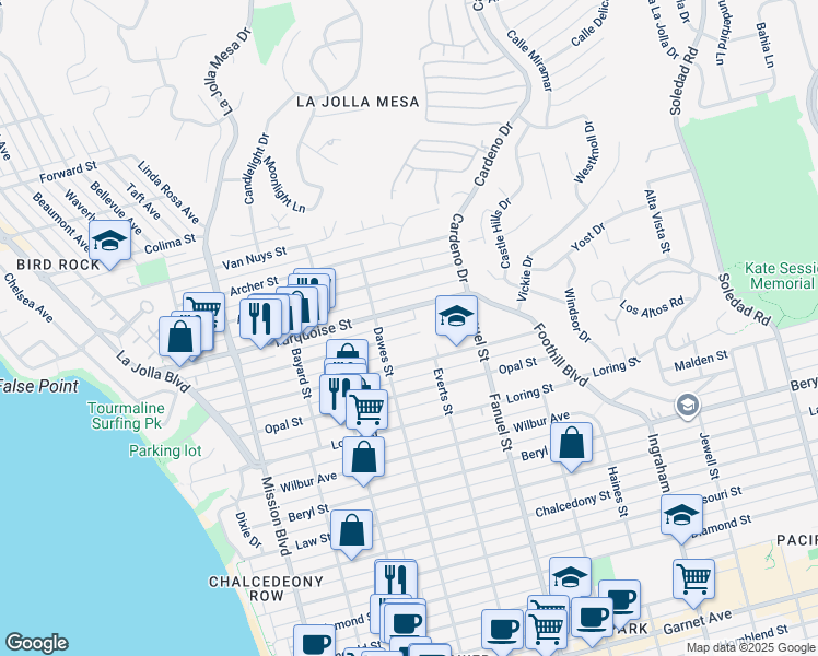 map of restaurants, bars, coffee shops, grocery stores, and more near 1154 Sapphire Street in San Diego