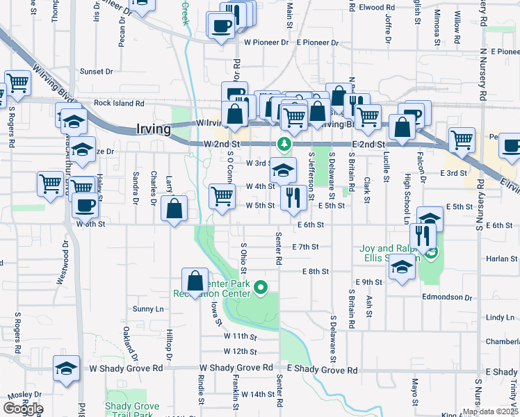 map of restaurants, bars, coffee shops, grocery stores, and more near 212 West 5th Street in Irving