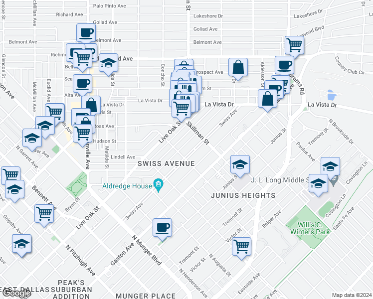 map of restaurants, bars, coffee shops, grocery stores, and more near 5707 Swiss Avenue in Dallas