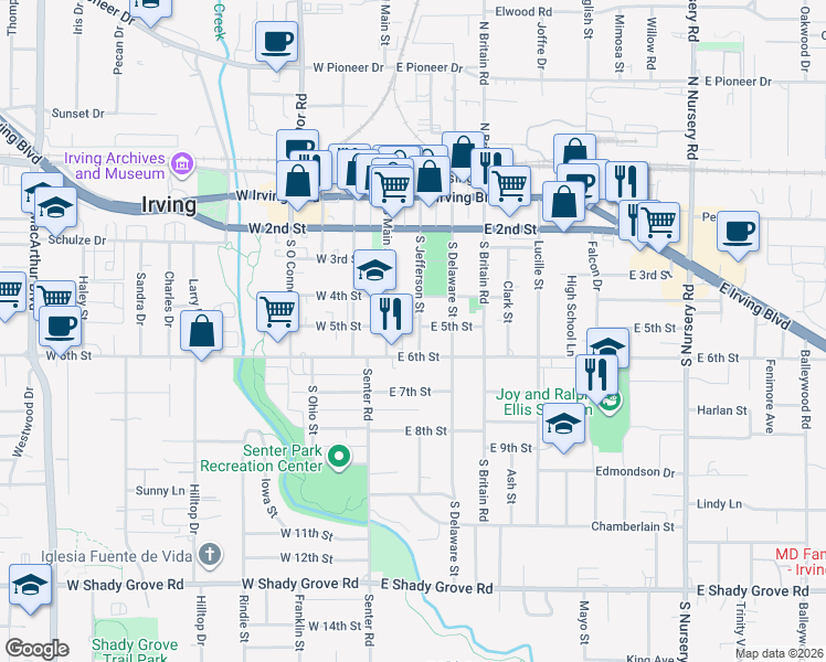 map of restaurants, bars, coffee shops, grocery stores, and more near 503 South Jefferson Street in Irving