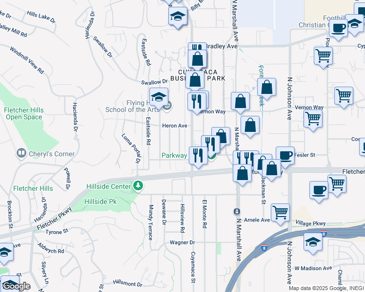 map of restaurants, bars, coffee shops, grocery stores, and more near 1077 Blackbird Street in El Cajon