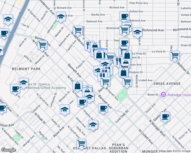 map of restaurants, bars, coffee shops, grocery stores, and more near 1820 North Garrett Avenue in Dallas