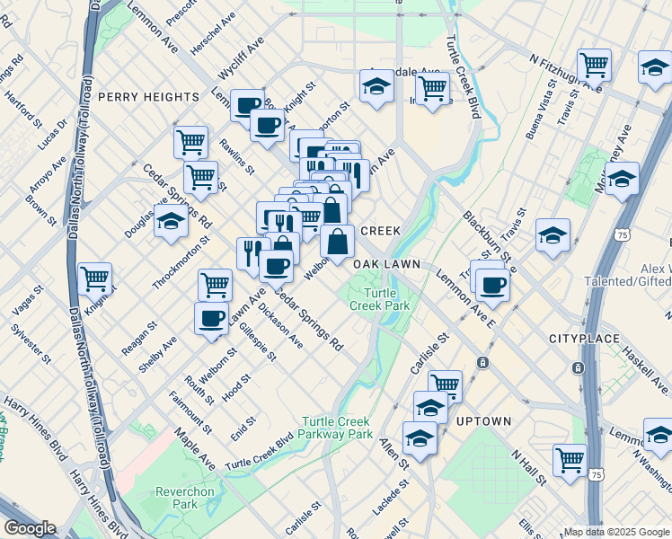 map of restaurants, bars, coffee shops, grocery stores, and more near 3333 Rawlins Street in Dallas