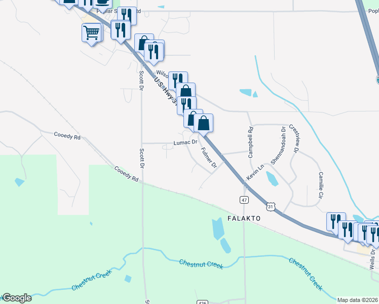 map of restaurants, bars, coffee shops, grocery stores, and more near 120 Shade Tree Dr in Clanton