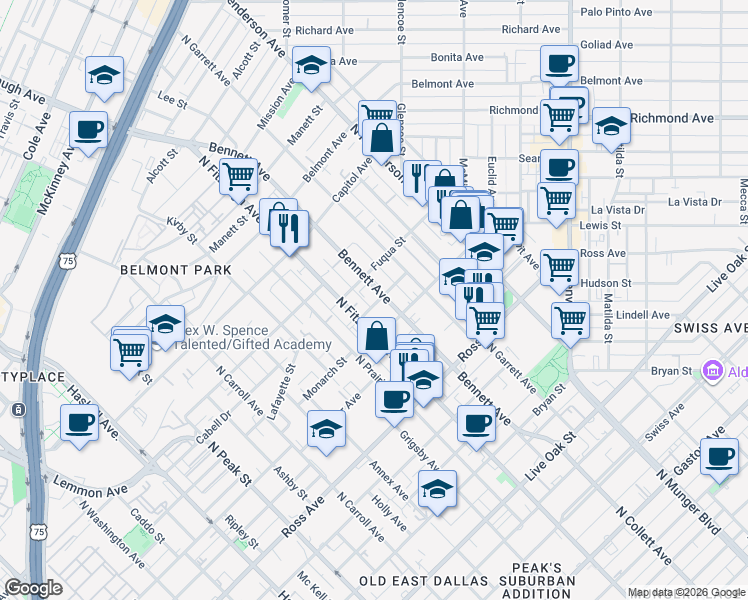 map of restaurants, bars, coffee shops, grocery stores, and more near 2003 Bennett Avenue in Dallas