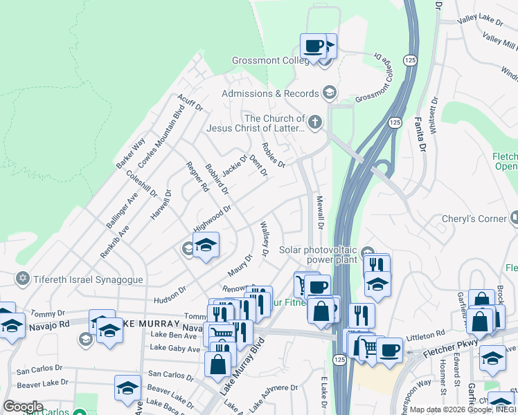 map of restaurants, bars, coffee shops, grocery stores, and more near 8653 Maryford Drive in San Diego