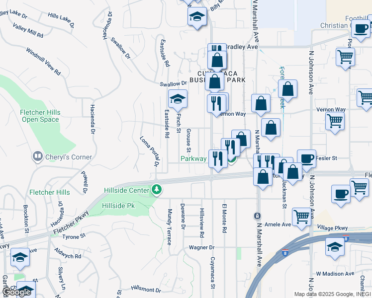 map of restaurants, bars, coffee shops, grocery stores, and more near 1076 Grouse Street in El Cajon