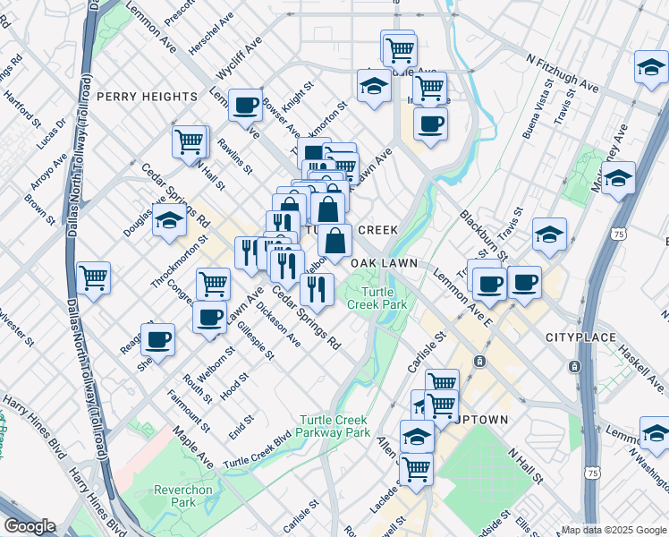 map of restaurants, bars, coffee shops, grocery stores, and more near 3333 Lee Parkway in Dallas