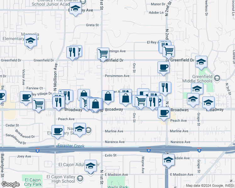 map of restaurants, bars, coffee shops, grocery stores, and more near 1145 Sumner Avenue in El Cajon