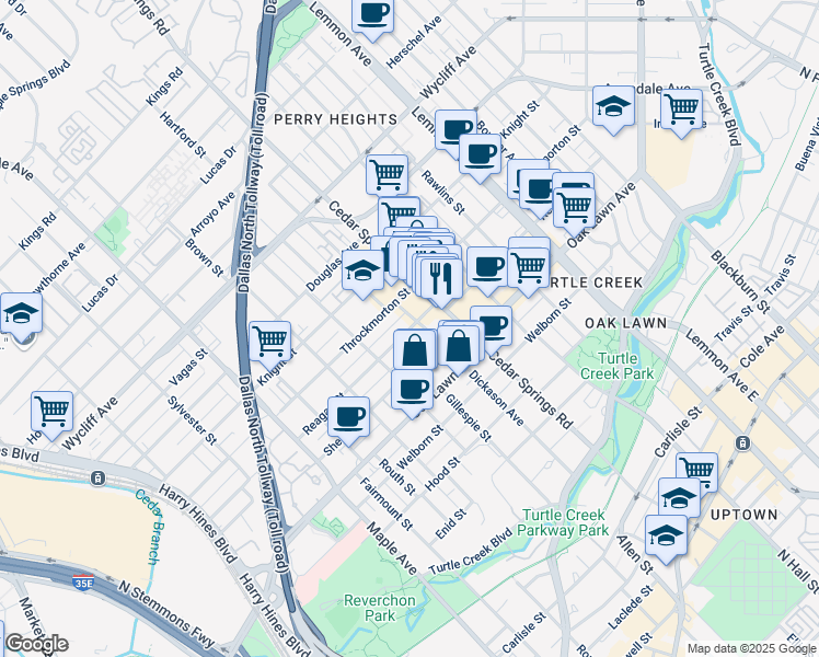 map of restaurants, bars, coffee shops, grocery stores, and more near Reagan Street in Dallas