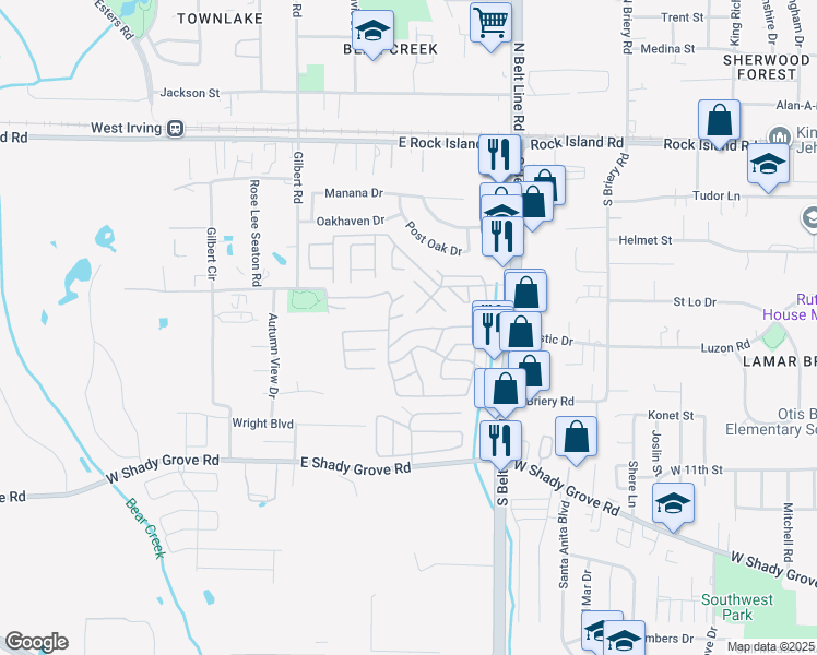 map of restaurants, bars, coffee shops, grocery stores, and more near 3600 Old North Road in Irving
