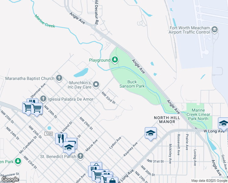 map of restaurants, bars, coffee shops, grocery stores, and more near 3128 Northwest 33rd Street in Fort Worth