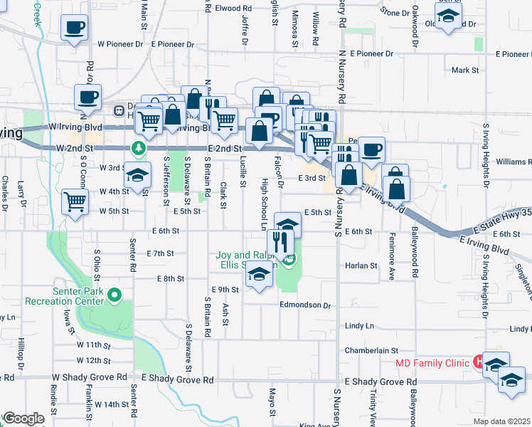 map of restaurants, bars, coffee shops, grocery stores, and more near 504 High School Lane in Irving