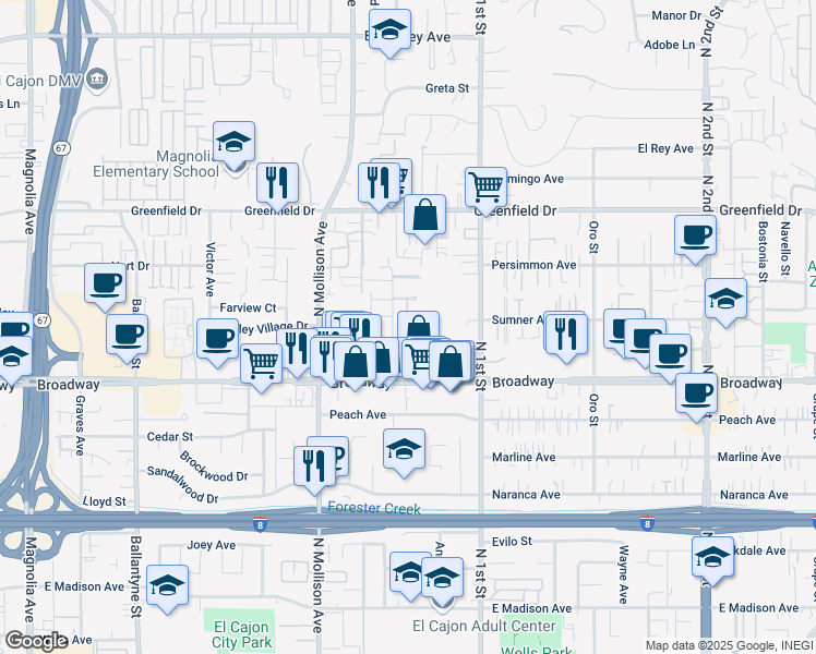 map of restaurants, bars, coffee shops, grocery stores, and more near 1092 Jacqueline Court in El Cajon