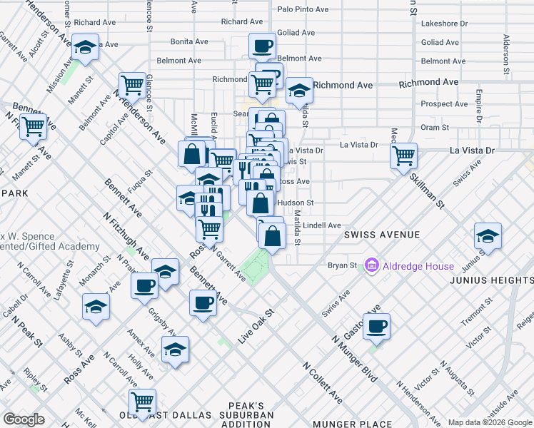 map of restaurants, bars, coffee shops, grocery stores, and more near 400 Greenville Avenue in Dallas