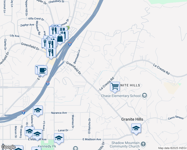 map of restaurants, bars, coffee shops, grocery stores, and more near 1888 Winrow Rd in El Cajon