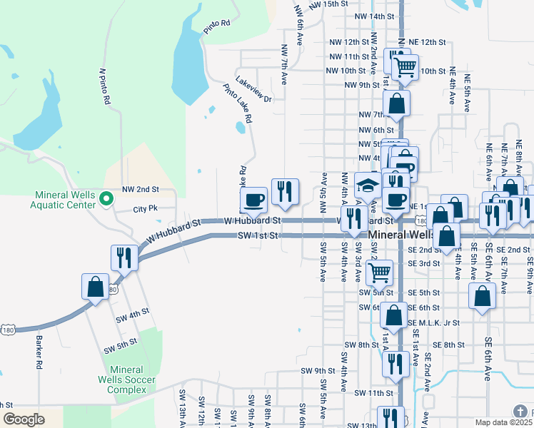 map of restaurants, bars, coffee shops, grocery stores, and more near 814 W Hubbard St in Mineral Wells