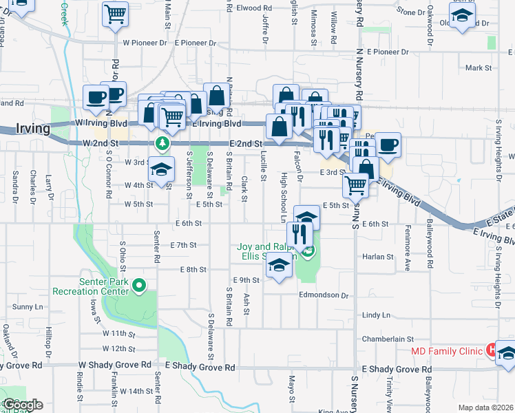 map of restaurants, bars, coffee shops, grocery stores, and more near 515 Lucille Street in Irving